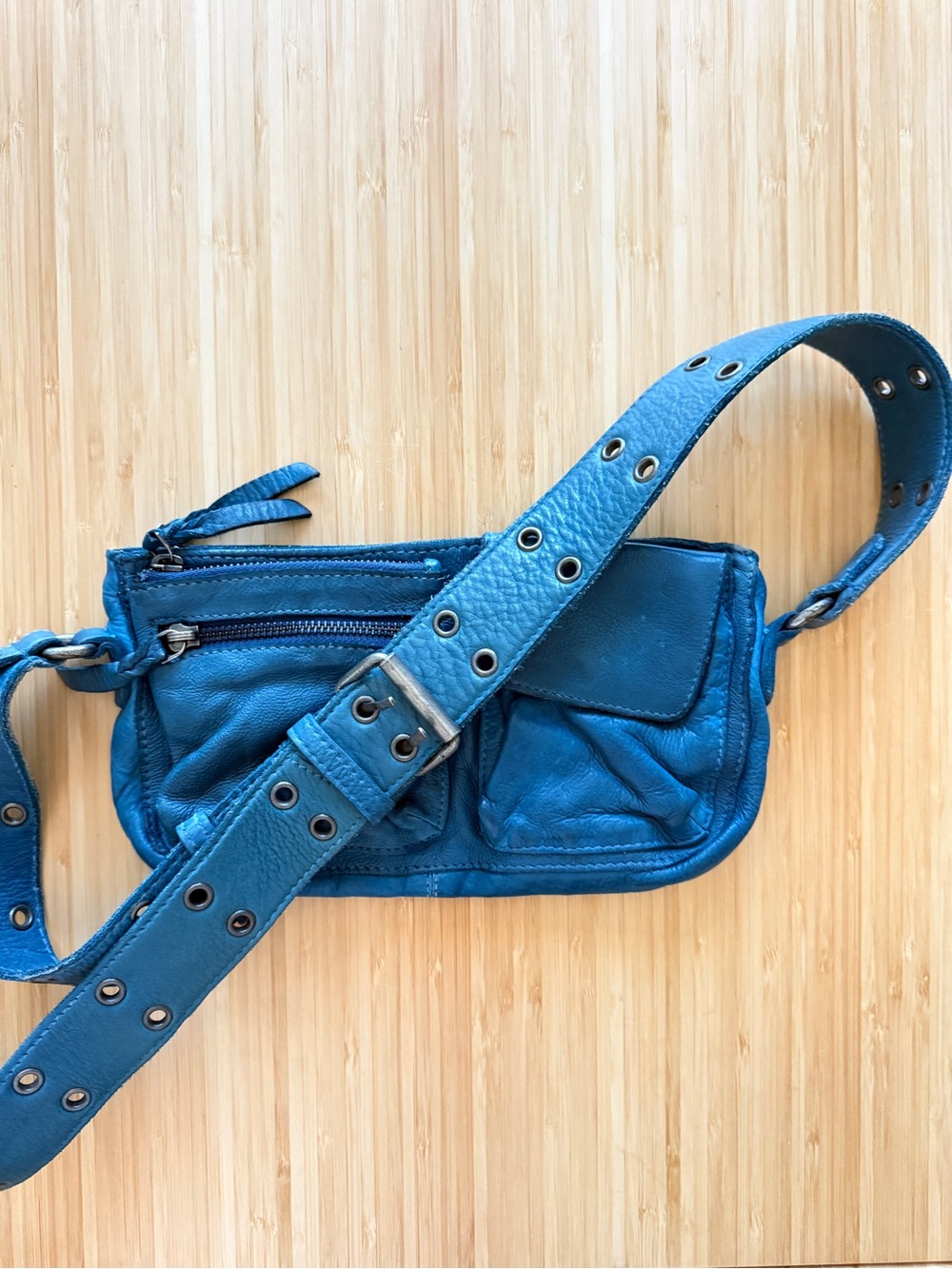 Free People Teal Blue Grommet Strap Leather Crossbody